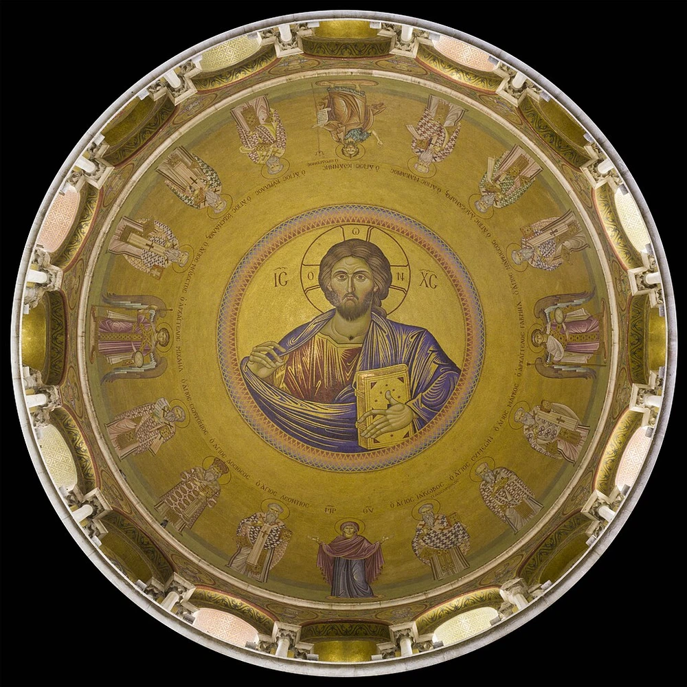 A view (directly overhead) of a Christ Pantocrator in the dome of the Church of the Holy Sepulchre, Old City of Jerusalem.