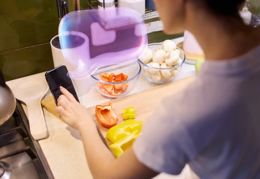 A woman consults her smartphone while chopping vegetables