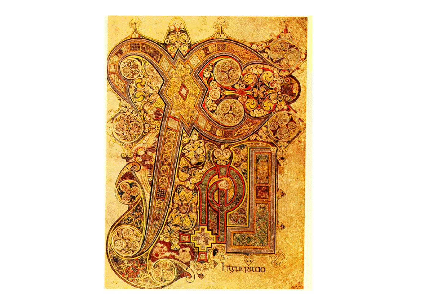 Chi Rho page (folio 34R) from the Book of Kells, preceding the Nativity account in the Gospel of Matthew. The ornate Chi, Rho, and I form an abbreviation of “Christ.” Faithful photographic reproduction of a public domain artwork. Source: Wikimedia Commons.