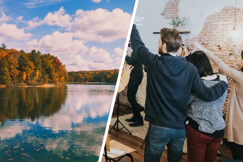 Two images juxtaposed: Walden Pond and a worship service.