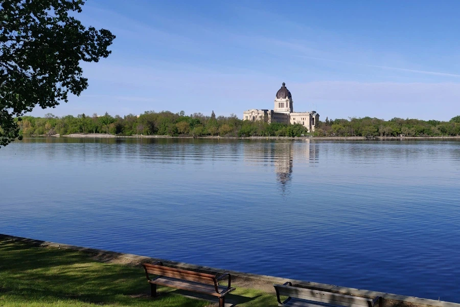 The Saskatchewan Legislature building viewed across Wascana Lake.